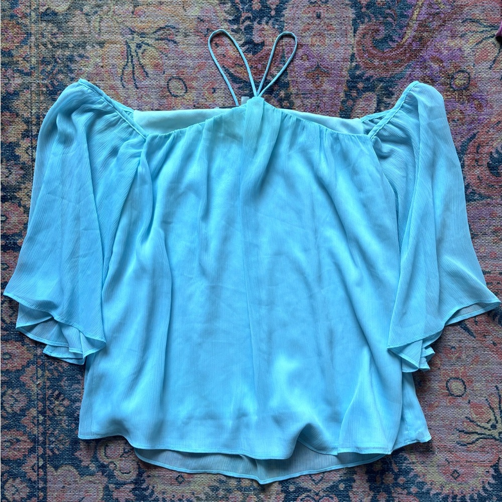 Flowy Aqua Blue Off-Shoulder Halter Bell Sleeve Women's Top